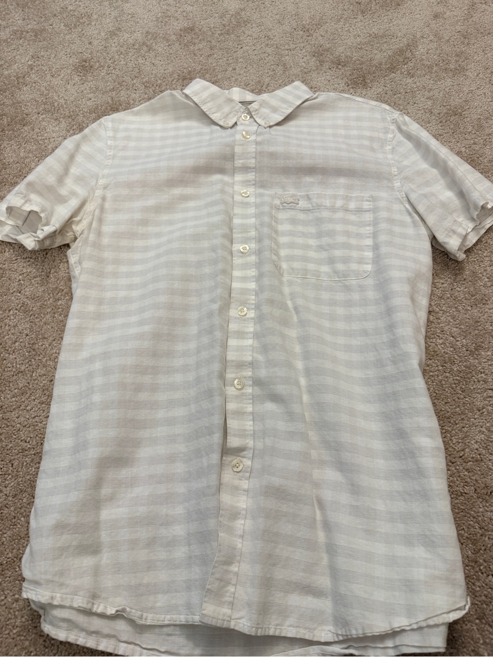 Lacoste Men's Short-Sleeve Button-Down Shirt in Light Cream Stripe